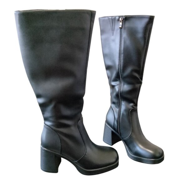 Sovanyou Size 9.5 Boots Knee-High Black Faux Leather Stylish Durable Square Toe - Picture 6 of 11